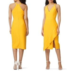HARLYN Midi Dress Sleeveless V-Neck Asymmetrical Ruffle Front Yellow Sheath Sz L